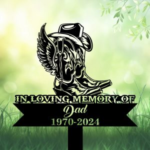 DINOZOZOCOM Personalized Memorial Garden Stakes Cowboy Boots Hat with Wings Cowboy Grave Marker Farmer Loss Gift Remembrance Stake 1 1