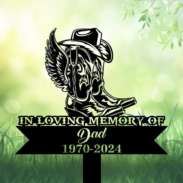 DINOZOZOCOM Personalized Memorial Garden Stakes Cowboy Boots Hat with Wings Cowboy Grave Marker, Farmer Loss Gift, Remembrance Stake