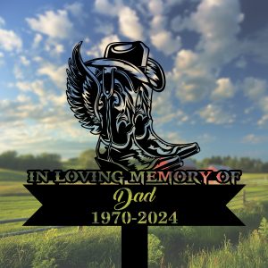 DINOZOZOCOM Personalized Memorial Garden Stakes Cowboy Boots Hat with Wings Cowboy Grave Marker Farmer Loss Gift Remembrance Stake 2 1