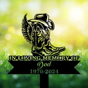 DINOZOZOCOM Personalized Memorial Garden Stakes Cowboy Boots Hat with Wings Cowboy Grave Marker Farmer Loss Gift Remembrance Stake 3 1