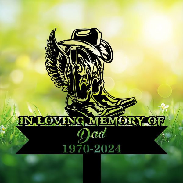 DINOZOZOCOM Personalized Memorial Garden Stakes Cowboy Boots Hat with Wings Cowboy Grave Marker, Farmer Loss Gift, Remembrance Stake