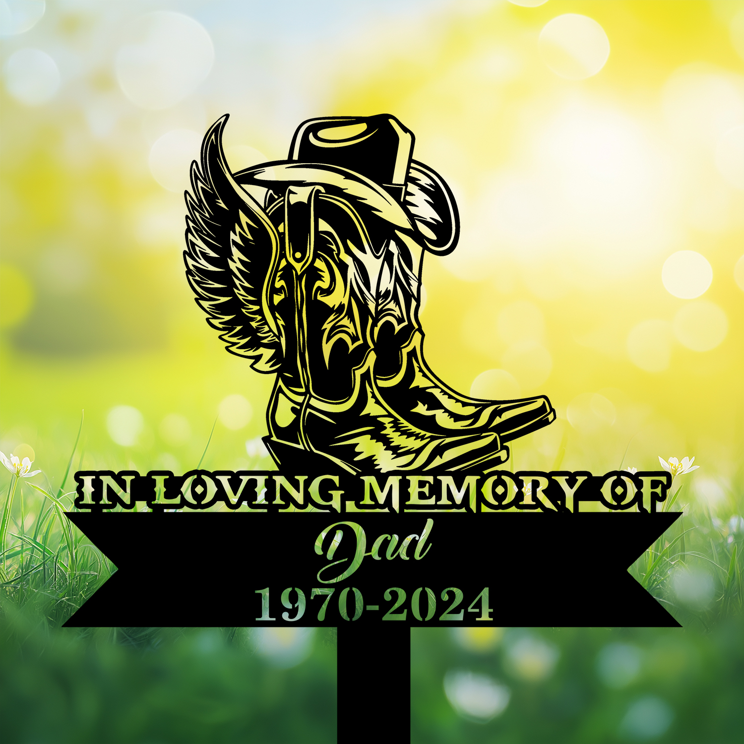 DINOZOZOCOM Personalized Memorial Garden Stakes Cowboy Boots Hat with Wings Cowboy Grave Marker Farmer Loss Gift Remembrance Stake 3