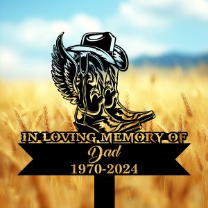 DINOZOZOCOM Personalized Memorial Garden Stakes Cowboy Boots Hat with Wings Cowboy Grave Marker, Farmer Loss Gift, Remembrance Stake