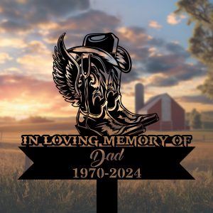 DINOZOZOCOM Personalized Memorial Garden Stakes Cowboy Boots Hat with Wings Cowboy Grave Marker, Farmer Loss Gift, Remembrance Stake