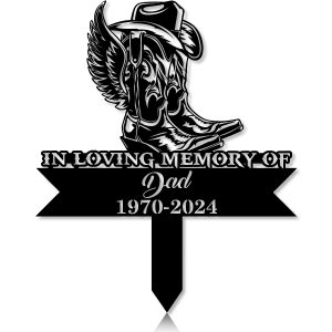 DINOZOZOCOM Personalized Memorial Garden Stakes Cowboy Boots Hat with Wings Cowboy Grave Marker Farmer Loss Gift Remembrance Stake 5 1