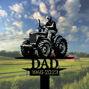 DINOZOZOCOM Personalized Memorial Garden Stakes Farmer Dad on Tractor Grave Marker Farmer Loss Gift Remembrance Stake 2