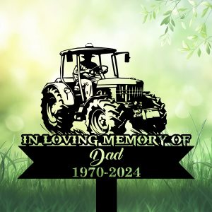 DINOZOZOCOM Personalized Memorial Garden Stakes Farmer Dad on Tractor Grave Marker Loss of Loved One Sympathy Gifts Farmer Cemetary Decor 1