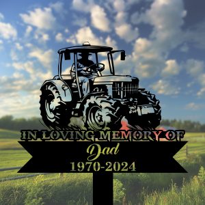 DINOZOZOCOM Personalized Memorial Garden Stakes Farmer Dad on Tractor Grave Marker Loss of Loved One Sympathy Gifts Farmer Cemetary Decor 2