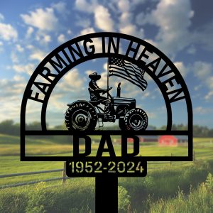 DINOZOZOCOM Personalized Memorial Garden Stakes Farmer on Tractor with US Flag Grave Marker Farmer Loss Gift Remembrance Stake 2