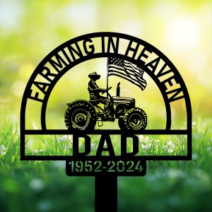 DINOZOZOCOM Personalized Memorial Garden Stakes Farmer on Tractor with US Flag Grave Marker Farmer Loss Gift Remembrance Stake 3