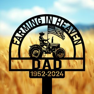 DINOZOZOCOM Personalized Memorial Garden Stakes Farmer on Tractor with US Flag Grave Marker Farmer Loss Gift Remembrance Stake 4