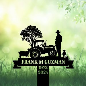 DINOZOZOCOM Personalized Memorial Garden Stakes Farmer with Tractor and Farm Animals Grave Marker Loss of Loved One Sympathy Gifts Farmer Cemetary Decor 1