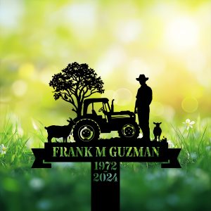 DINOZOZOCOM Personalized Memorial Garden Stakes Farmer with Tractor and Farm Animals Grave Marker Loss of Loved One Sympathy Gifts Farmer Cemetary Decor 3