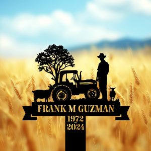 DINOZOZOCOM Personalized Memorial Garden Stakes Farmer with Tractor and Farm Animals Grave Marker Loss of Loved One Sympathy Gifts Farmer Cemetary Decor 4