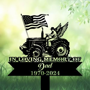 DINOZOZOCOM Personalized Memorial Garden Stakes Farmer with Wing on Tractor with US Flag Grave Marker Loss of Loved One Sympathy Gifts Farmer Cemetary Decor 1