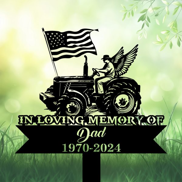 DINOZOZOCOM Personalized Memorial Garden Stakes, Farmer with Wing on Tractor with US Flag Grave Marker, Loss of Loved One, Sympathy Gifts, Farmer Cemetary Decor