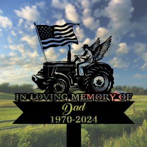 DINOZOZOCOM Personalized Memorial Garden Stakes Farmer with Wing on Tractor with US Flag Grave Marker Loss of Loved One Sympathy Gifts Farmer Cemetary Decor 2