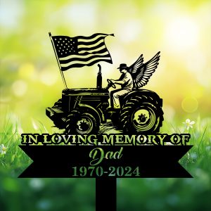 DINOZOZOCOM Personalized Memorial Garden Stakes Farmer with Wing on Tractor with US Flag Grave Marker Loss of Loved One Sympathy Gifts Farmer Cemetary Decor 3