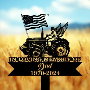 DINOZOZOCOM Personalized Memorial Garden Stakes Farmer with Wing on Tractor with US Flag Grave Marker Loss of Loved One Sympathy Gifts Farmer Cemetary Decor 4