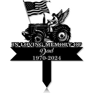 DINOZOZOCOM Personalized Memorial Garden Stakes, Farmer with Wing on Tractor with US Flag Grave Marker, Loss of Loved One, Sympathy Gifts, Farmer Cemetary Decor