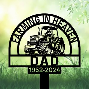 DINOZOZOCOM Personalized Memorial Garden Stakes Farming in Heaven Farmer on Tractor Grave Marker Farmer Loss Gift Remembrance Stake 1