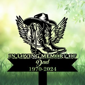 DINOZOZOCOM Personalized Memorial Garden Stakes In Loving Memory Cowboy Boots Hat with Wings Grave Marker Loss of Loved One Sympathy Gifts Cowboy Cemetary Decor 1