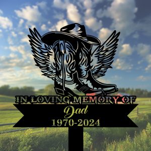 DINOZOZOCOM Personalized Memorial Garden Stakes In Loving Memory Cowboy Boots Hat with Wings Grave Marker Loss of Loved One Sympathy Gifts Cowboy Cemetary Decor 2