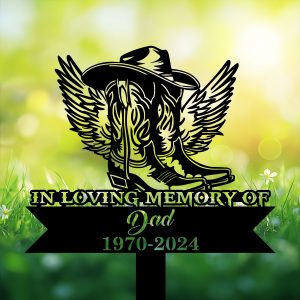 DINOZOZOCOM Personalized Memorial Garden Stakes In Loving Memory Cowboy Boots Hat with Wings Grave Marker Loss of Loved One Sympathy Gifts Cowboy Cemetary Decor 3