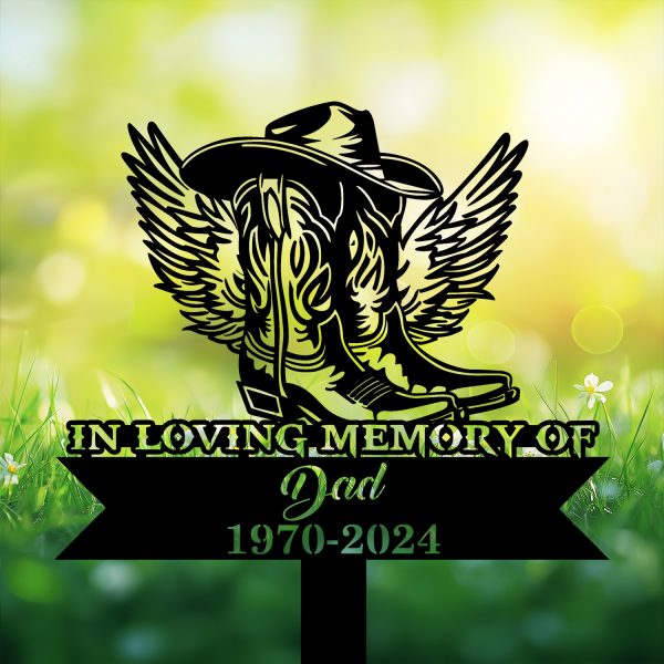 DINOZOZOCOM Personalized Memorial Garden Stakes, In Loving Memory Cowboy Boots Hat with Wings Grave Marker, Loss of Loved One, Sympathy Gifts, Cowboy Cemetary Decor