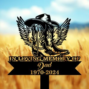 DINOZOZOCOM Personalized Memorial Garden Stakes In Loving Memory Cowboy Boots Hat with Wings Grave Marker Loss of Loved One Sympathy Gifts Cowboy Cemetary Decor 4