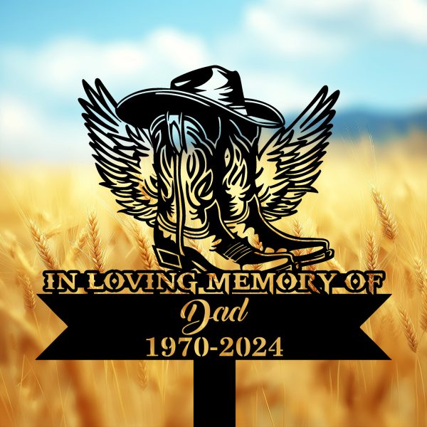 DINOZOZOCOM Personalized Memorial Garden Stakes, In Loving Memory Cowboy Boots Hat with Wings Grave Marker, Loss of Loved One, Sympathy Gifts, Cowboy Cemetary Decor