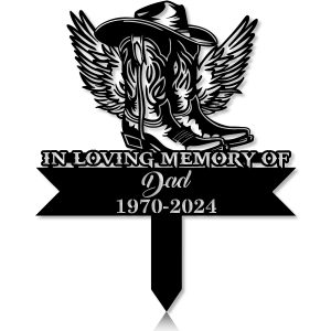 DINOZOZOCOM Personalized Memorial Garden Stakes In Loving Memory Cowboy Boots Hat with Wings Grave Marker Loss of Loved One Sympathy Gifts Cowboy Cemetary Decor 5