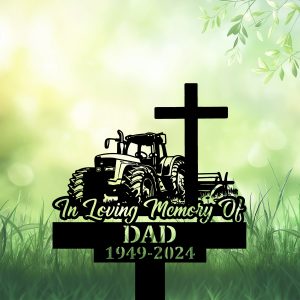 DINOZOZOCOM Personalized Memorial Garden Stakes In Loving Memory Farmer Tractor with Cross Grave Marker Farmer Loss Gift Remembrance Stake 1