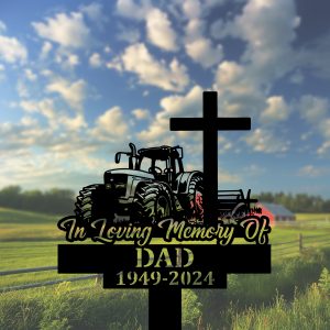 DINOZOZOCOM Personalized Memorial Garden Stakes In Loving Memory Farmer Tractor with Cross Grave Marker Farmer Loss Gift Remembrance Stake 2