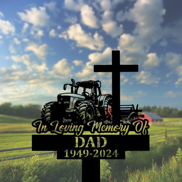 DINOZOZOCOM Personalized Memorial Garden Stakes In Loving Memory Farmer Tractor with Cross Grave Marker, Farmer Loss Gift, Remembrance Stake