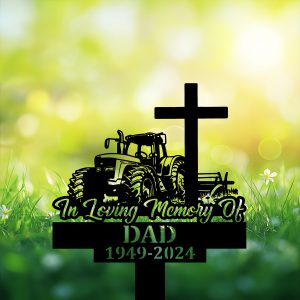 DINOZOZOCOM Personalized Memorial Garden Stakes In Loving Memory Farmer Tractor with Cross Grave Marker Farmer Loss Gift Remembrance Stake 3