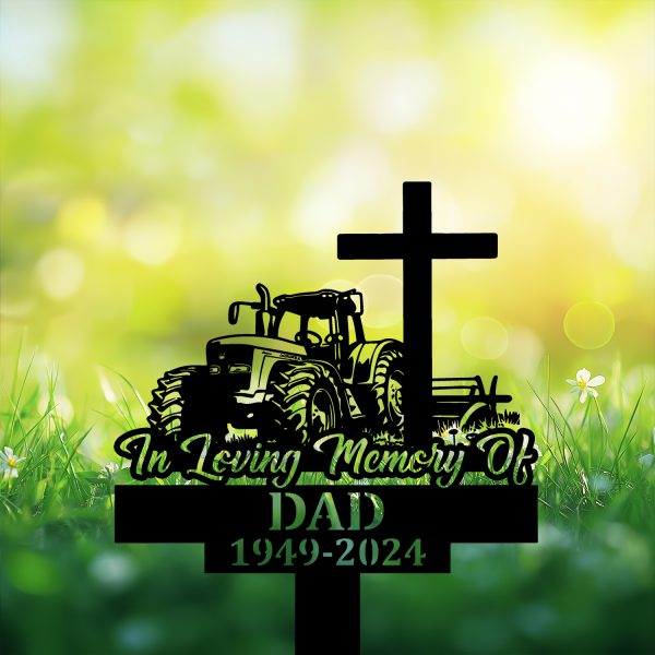 DINOZOZOCOM Personalized Memorial Garden Stakes In Loving Memory Farmer Tractor with Cross Grave Marker, Farmer Loss Gift, Remembrance Stake