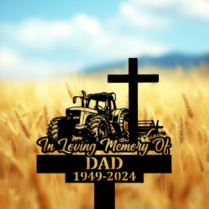 DINOZOZOCOM Personalized Memorial Garden Stakes In Loving Memory Farmer Tractor with Cross Grave Marker Farmer Loss Gift Remembrance Stake 4