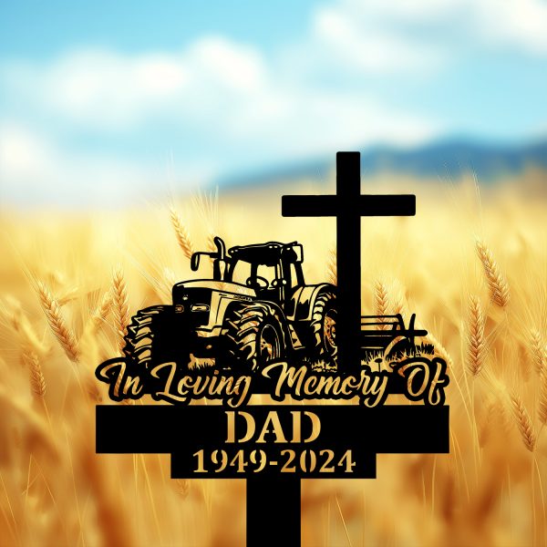 DINOZOZOCOM Personalized Memorial Garden Stakes In Loving Memory Farmer Tractor with Cross Grave Marker, Farmer Loss Gift, Remembrance Stake