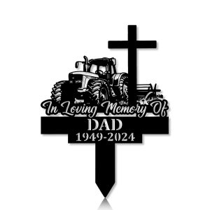 DINOZOZOCOM Personalized Memorial Garden Stakes In Loving Memory Farmer Tractor with Cross Grave Marker Farmer Loss Gift Remembrance Stake 5