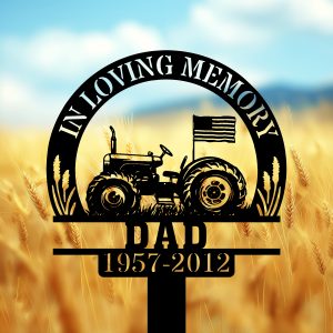 DINOZOZOCOM Personalized Memorial Garden Stakes In Loving Memory Farmer US Flag Tractor Grave Marker Farmer Loss Gift Remembrance Stake 4