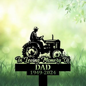 DINOZOZOCOM Personalized Memorial Garden Stakes In Loving Memory Of Farmer Dad on Tractor Grave Marker, Farmer Loss Gift, Remembrance Stake