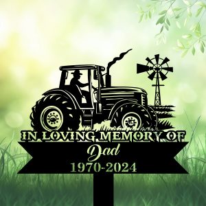 DINOZOZOCOM Personalized Memorial Garden Stakes, In Loving Memory of Farmer on Tractor Grave Marker, Loss of Loved One, Sympathy Gifts, Farmer Cemetary Decor