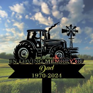 DINOZOZOCOM Personalized Memorial Garden Stakes In Loving Memory of Farmer on Tractor Grave Marker Loss of Loved One Sympathy Gifts Farmer Cemetary Decor 2