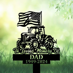 DINOZOZOCOM Personalized Memorial Garden Stakes Patriotic Farmer on Tractor with US Flag Grave Marker Farmer Loss Gift Remembrance Stake 1