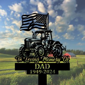 DINOZOZOCOM Personalized Memorial Garden Stakes Patriotic Farmer on Tractor with US Flag Grave Marker Farmer Loss Gift Remembrance Stake 2