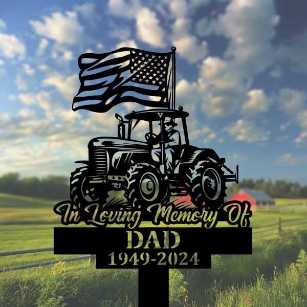 DINOZOZOCOM Personalized Memorial Garden Stakes Patriotic Farmer on Tractor with US Flag Grave Marker, Farmer Loss Gift, Remembrance Stake