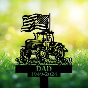 DINOZOZOCOM Personalized Memorial Garden Stakes Patriotic Farmer on Tractor with US Flag Grave Marker Farmer Loss Gift Remembrance Stake 3