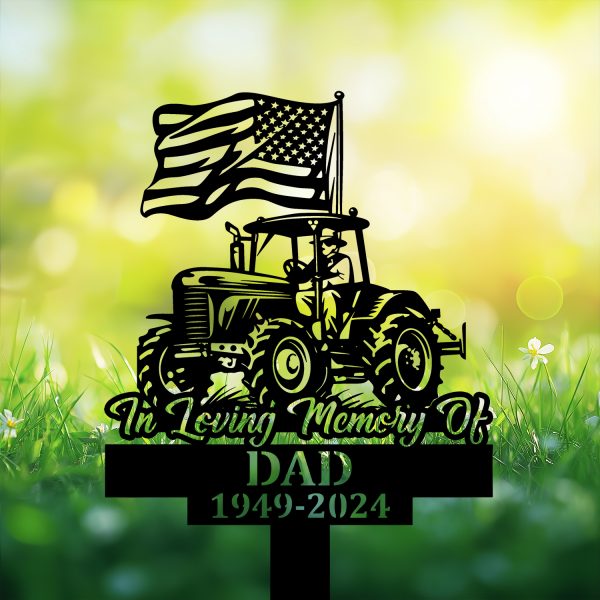 DINOZOZOCOM Personalized Memorial Garden Stakes Patriotic Farmer on Tractor with US Flag Grave Marker, Farmer Loss Gift, Remembrance Stake