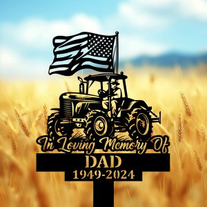 DINOZOZOCOM Personalized Memorial Garden Stakes Patriotic Farmer on Tractor with US Flag Grave Marker Farmer Loss Gift Remembrance Stake 4